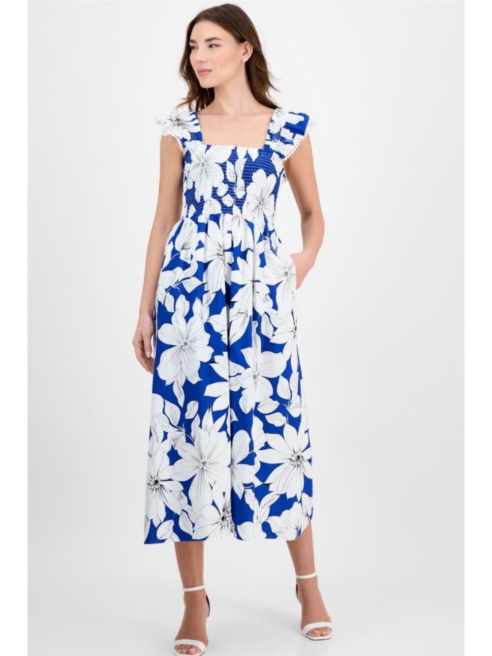 Anne Klein Womens Floral Smocked Midi Dress Palace Blue Multi Size 2X
